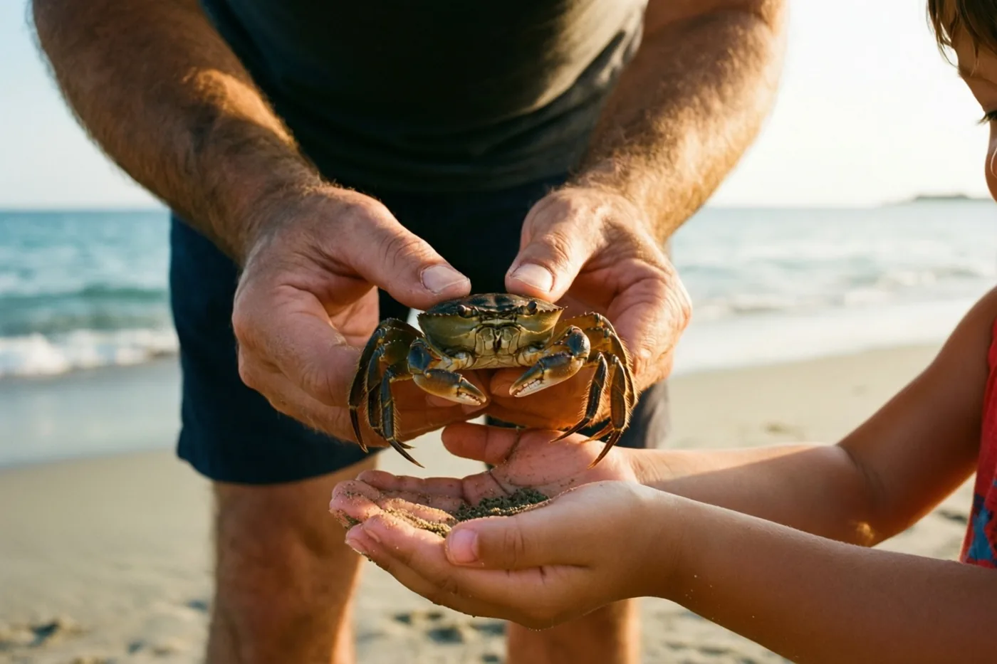 Een vader houdt voorzichtig een kleine krab boven de komvormige handen van een kind op een zandstrand, met de zee op de achtergrond in goudkleurig zonlicht.
