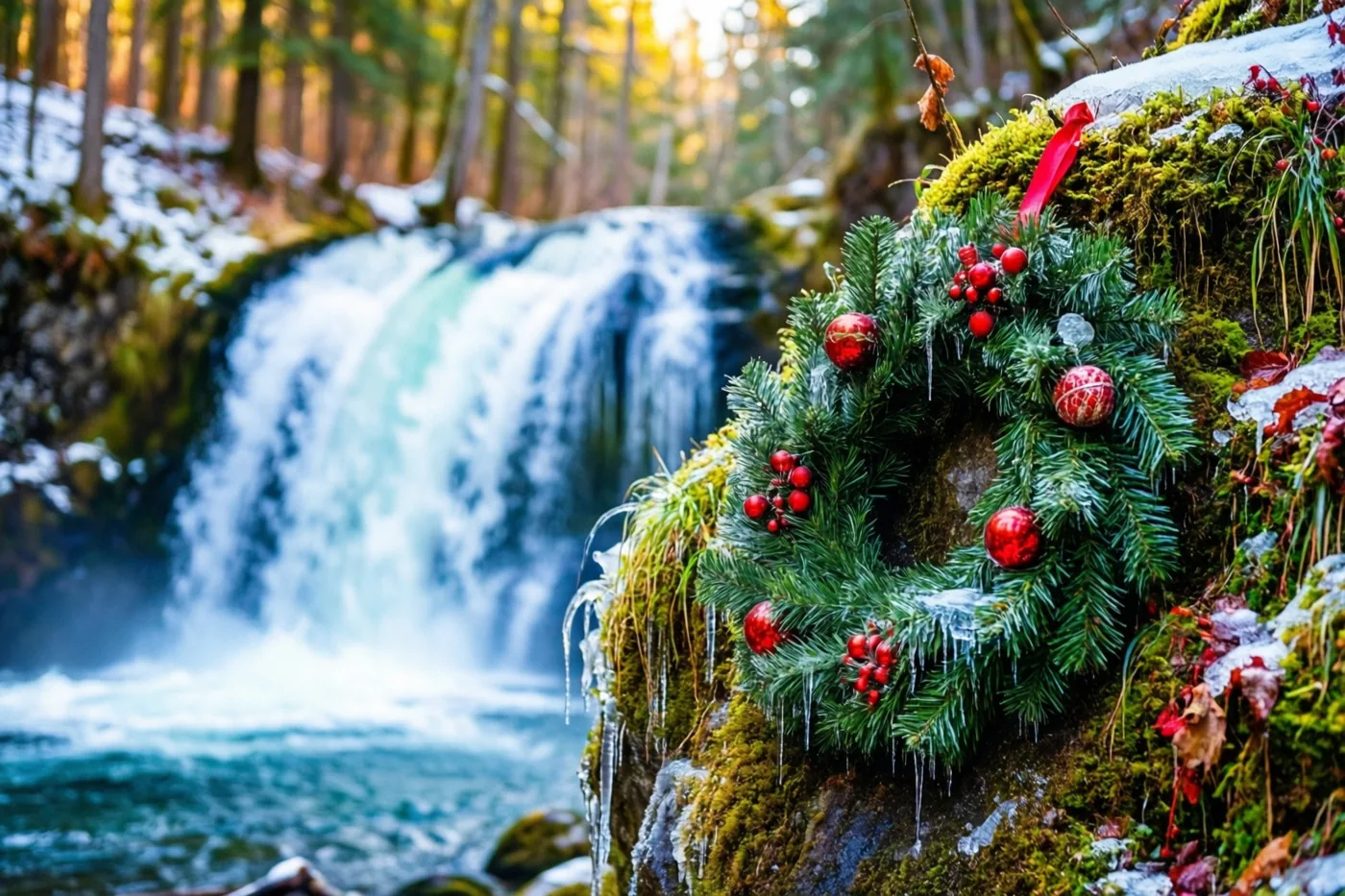 Een kerstkrans met rode versieringen en bessen hangt op een bemoste, ijzige rots naast een waterval in een besneeuwd bos.