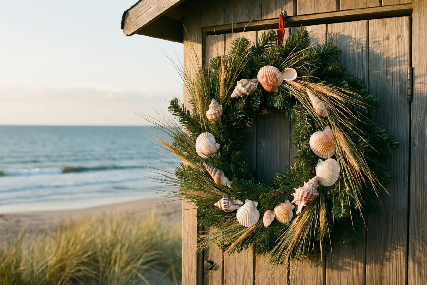 Een kerstkrans van dennengroen, duingras en schelpen hangt aan de houten deur van een strandhuisje, met zandstrand en zee onder een wazige lucht erachter.
