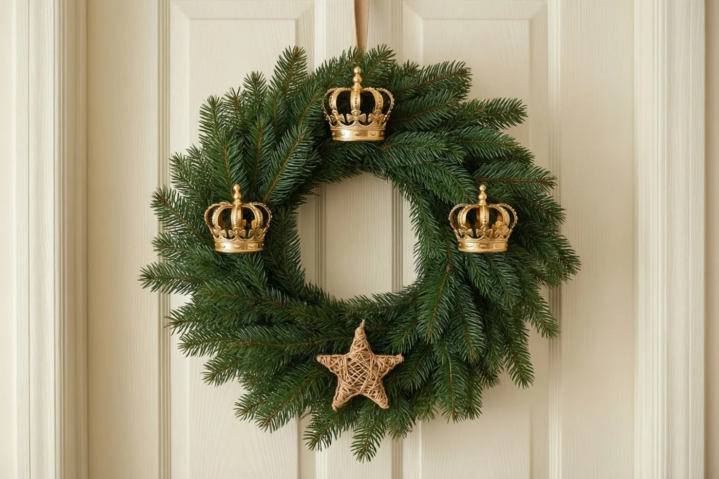 Een ronde groene winterkrans met drie kleine gouden kronen en een gevlochten ster hangt aan een lichte houten deur.