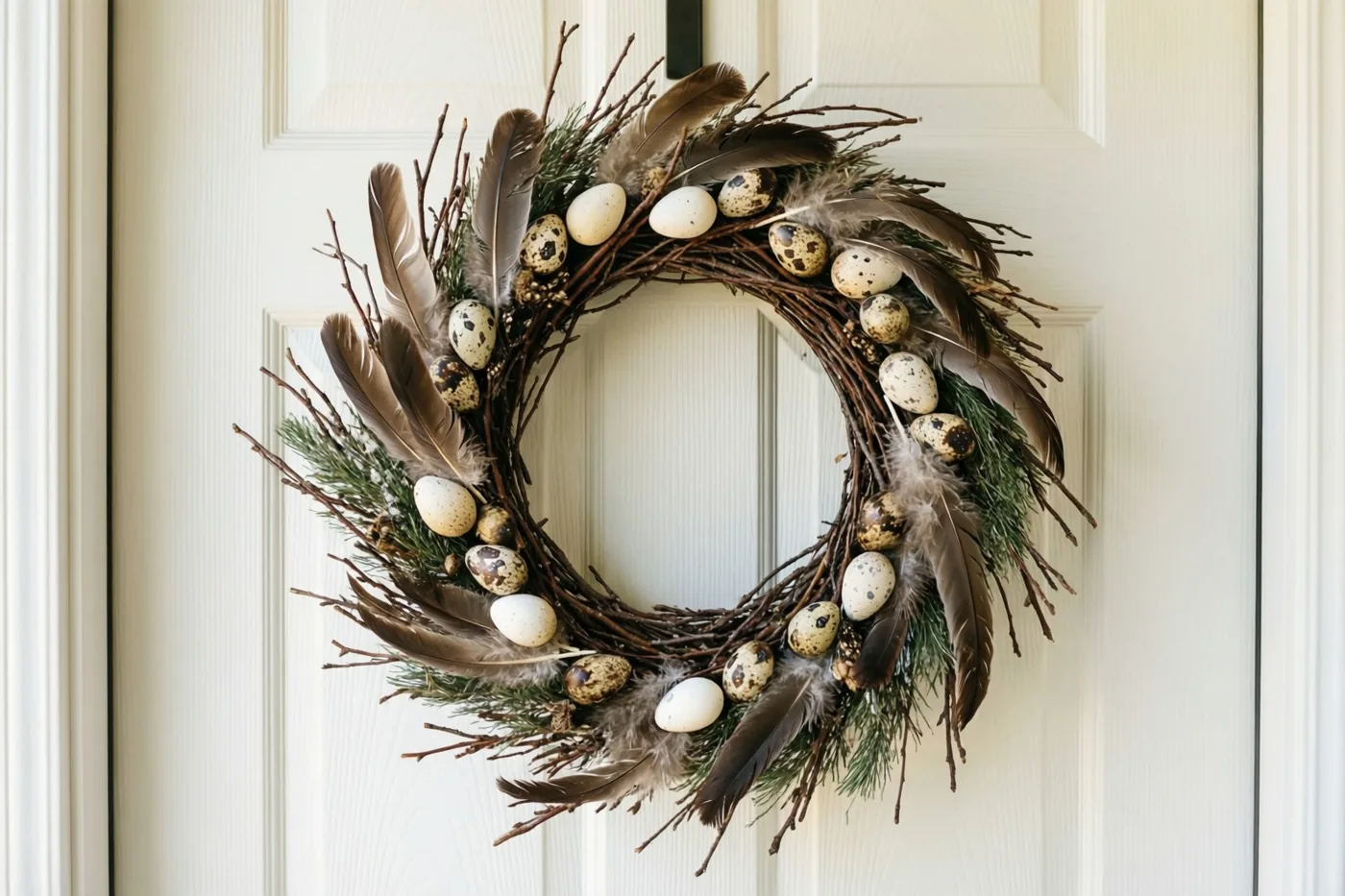 Een krans van takjes, veren en kleine gespikkelde eieren hangt aan een witte voordeur in natuurlijke bruine, beige en groene tinten.