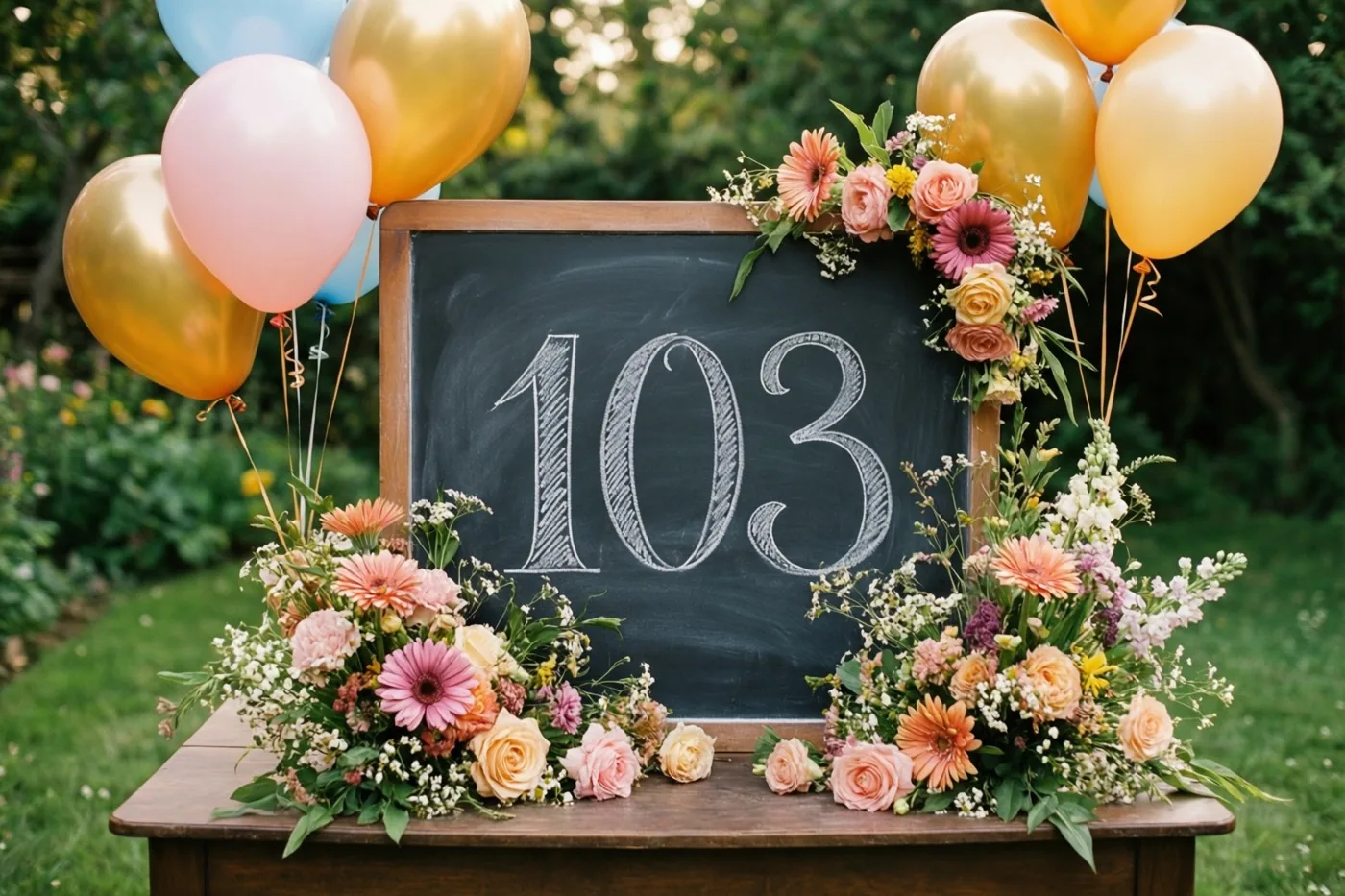 Een krijtbord met 103 in wit krijt staat op een houten tafel in een tuin, omringd door kleurrijke bloemen en ballonnen.
