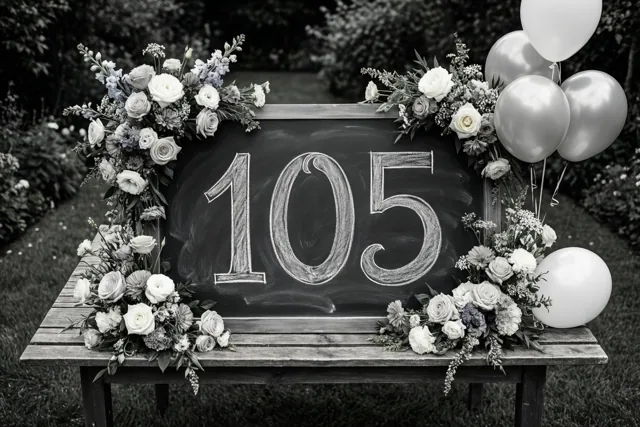 Een zwart-witfoto toont een krijtbord met 105 in groot wit handschrift op een houten tuintafel, omringd door bloemstukken en zilveren ballonnen.