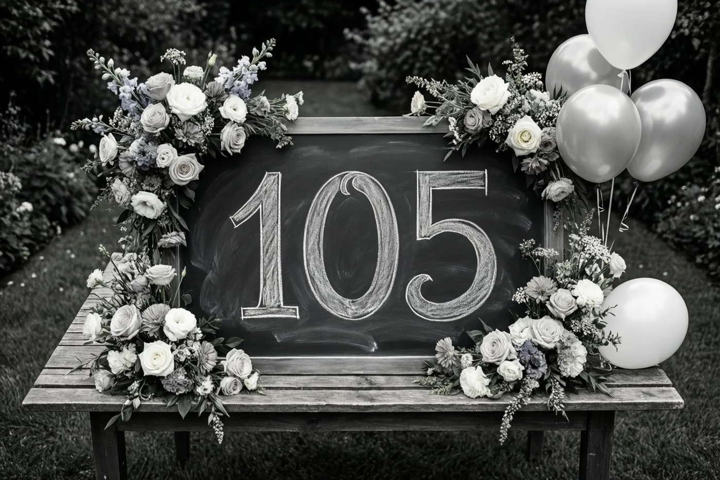 Een zwart-witfoto toont een krijtbord met 105 in groot wit handschrift op een houten tuintafel, omringd door bloemstukken en zilveren ballonnen.