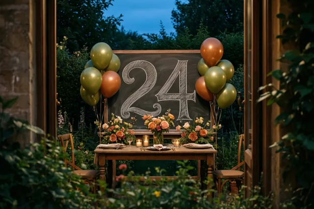 Door een deuropening met houten kozijn is een tuintafel te zien met een krijtbord met 24, bloemstukken, kaarsen en ballonnen.