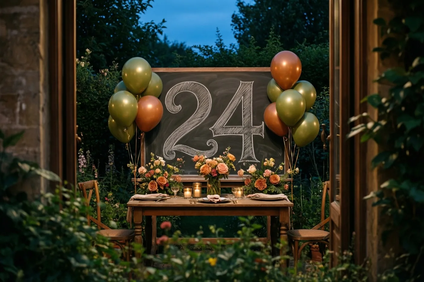 Door een deuropening met houten kozijn is een tuintafel te zien met een krijtbord met 24, bloemstukken, kaarsen en ballonnen.