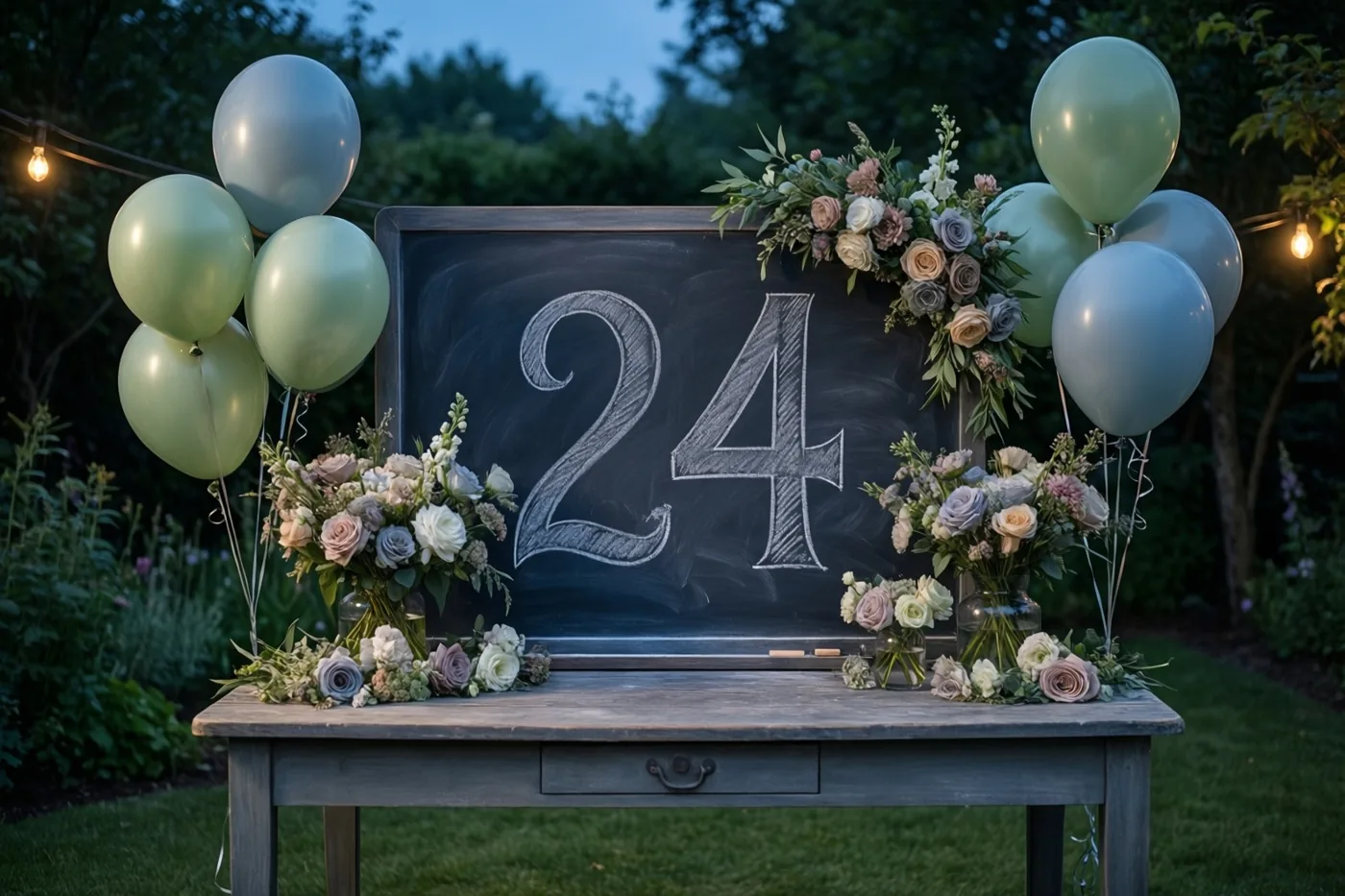 Een krijtbord met sierlijk geschreven 24 staat op een houten tuintafel tussen bloemstukken en ballonnen, onder lichtslingers bij schemering.