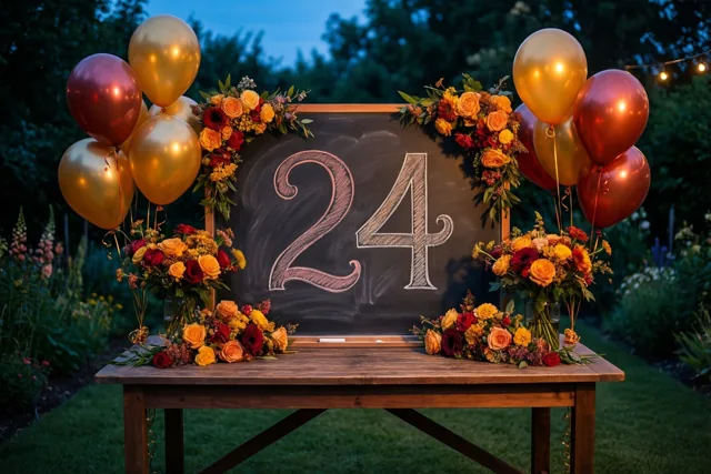 Een krijtbord met sierlijk geschreven 24 staat op een houten tuintafel tussen herfstige bloemstukken en metaalglanzende ballonnen in een tuin bij schemering.