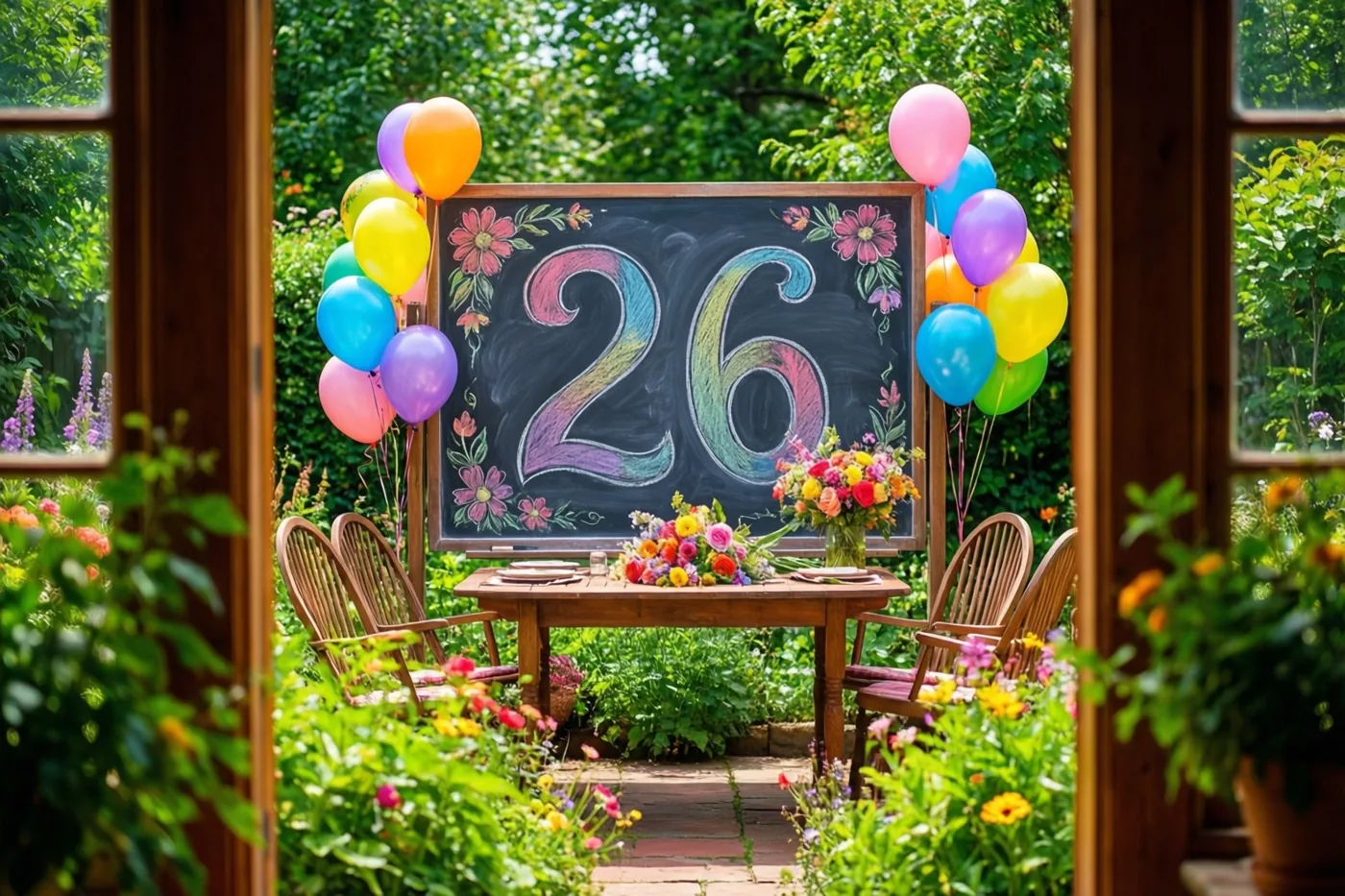 Door een open houten deuropening is een krijtbord met 26 in gekleurd krijt te zien op een tuintafel, omringd door bloemen en ballonnen in een groene tuin.
