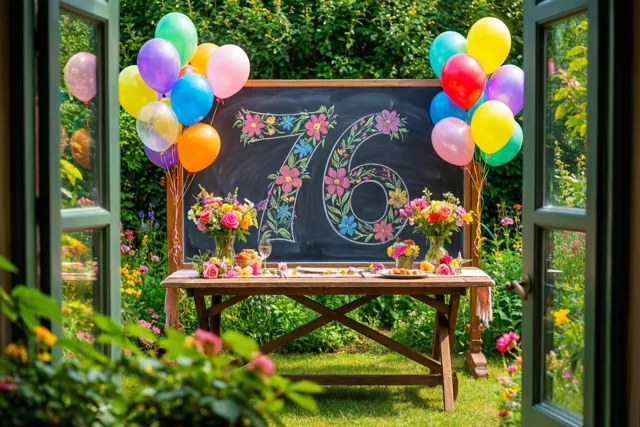 Door een open raam is een zonnige tuin te zien met op een tuintafel een krijtbord met 76 en kleurrijke bloemen, tussen groepjes ballonnen.