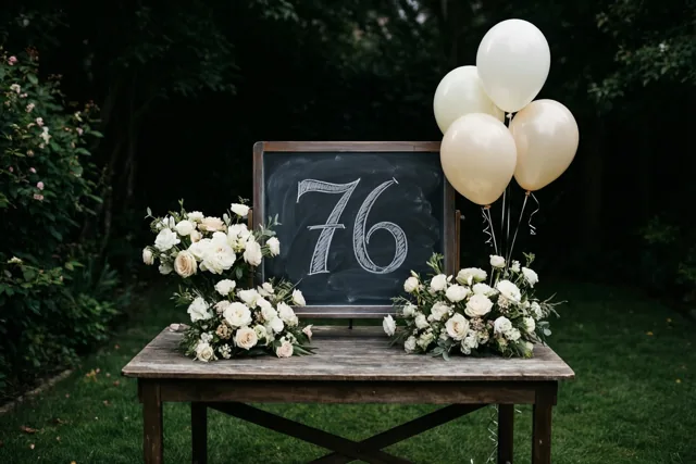 Een krijtbord met 76 in wit krijt staat op een houten tuintafel tussen witte bloemstukken en crèmekleurige ballonnen, met gras en bomen op de achtergrond.