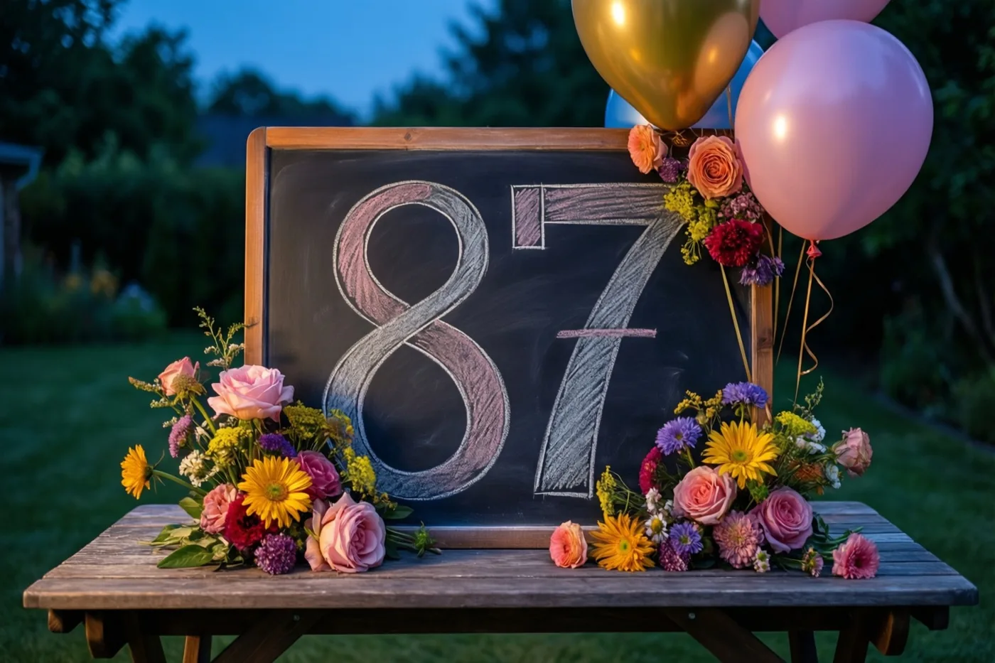Een krijtbord met het getal 87 staat op een houten tuintafel tussen kleurrijke bloemen en ballonnen bij een zachtblauwe avondlucht.