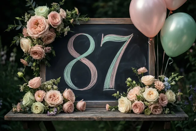 Een krijtbord met 87 in pastelkrijt staat op een houten tuintafel tussen bloemstukken en ballonnen in zacht daglicht.
