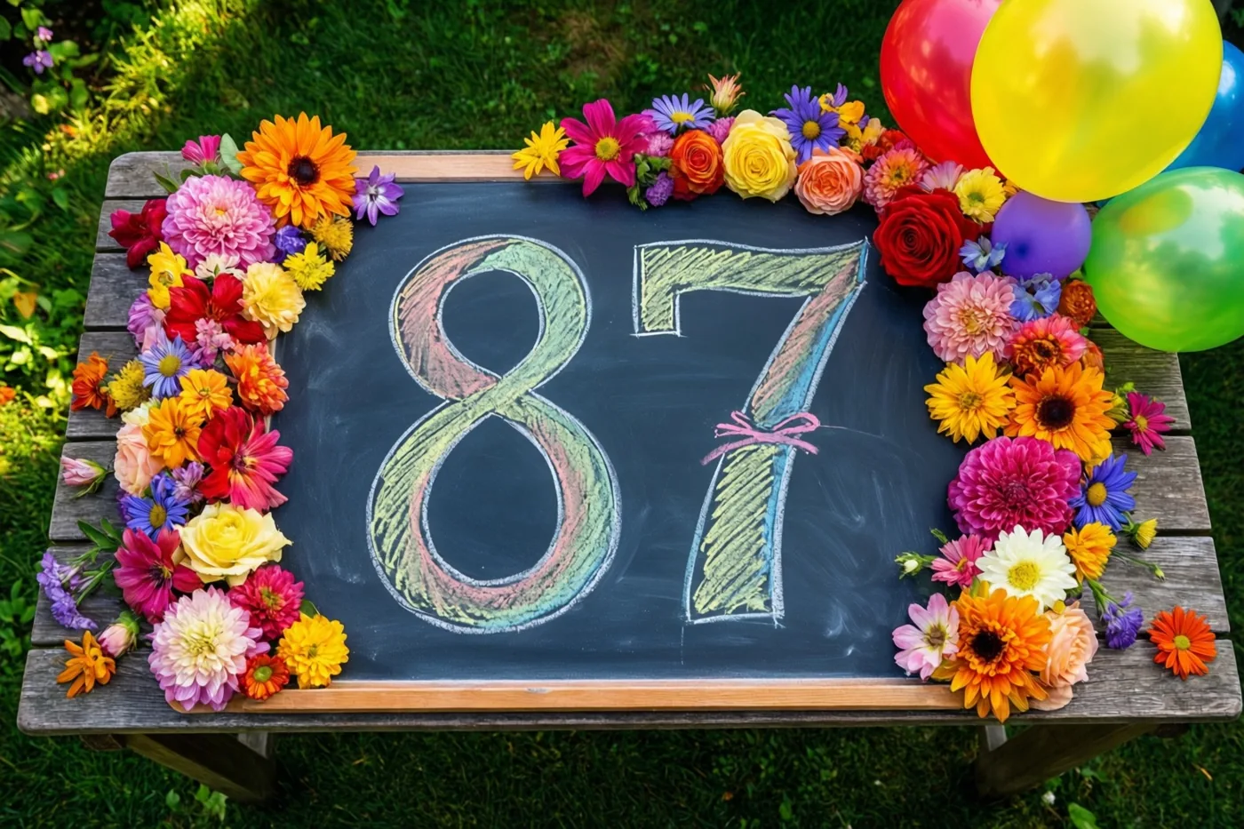 Een krijtbord met 87 in gekleurd krijt staat op een houten tuintafel tussen bloemen en ballonnen op een zonnig gazon.