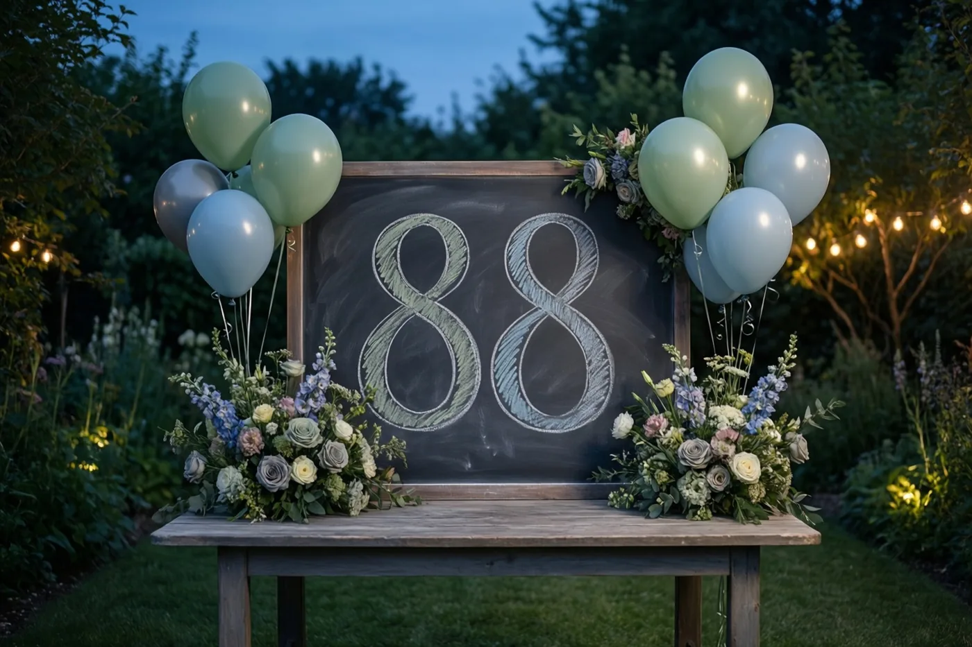 Een krijtbord met 88 staat op een houten tuintafel tussen bloemen en ballonnen, verlicht door lichtslingers in de schemering.