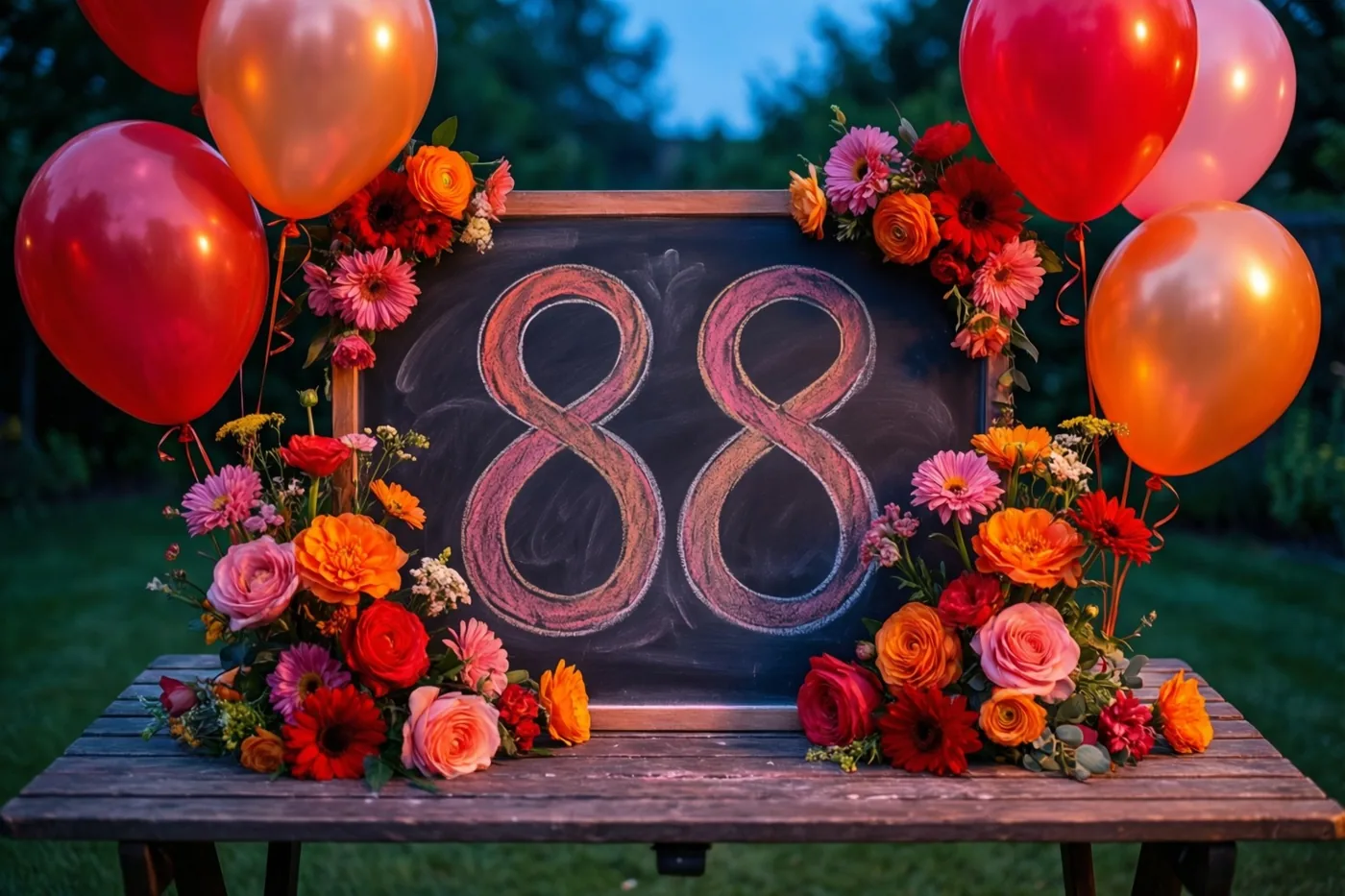 Een krijtbord met 88 in gekleurd krijt staat op een houten tuintafel tussen rode, oranje en roze bloemen en ballonnen in de schemering.
