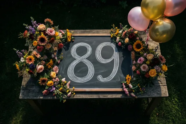 Een krijtbord met 89 in wit krijt staat op een houten tuintafel tussen kleurrijke bloemstukken en roze en gouden ballonnen op een zonnig gazon.