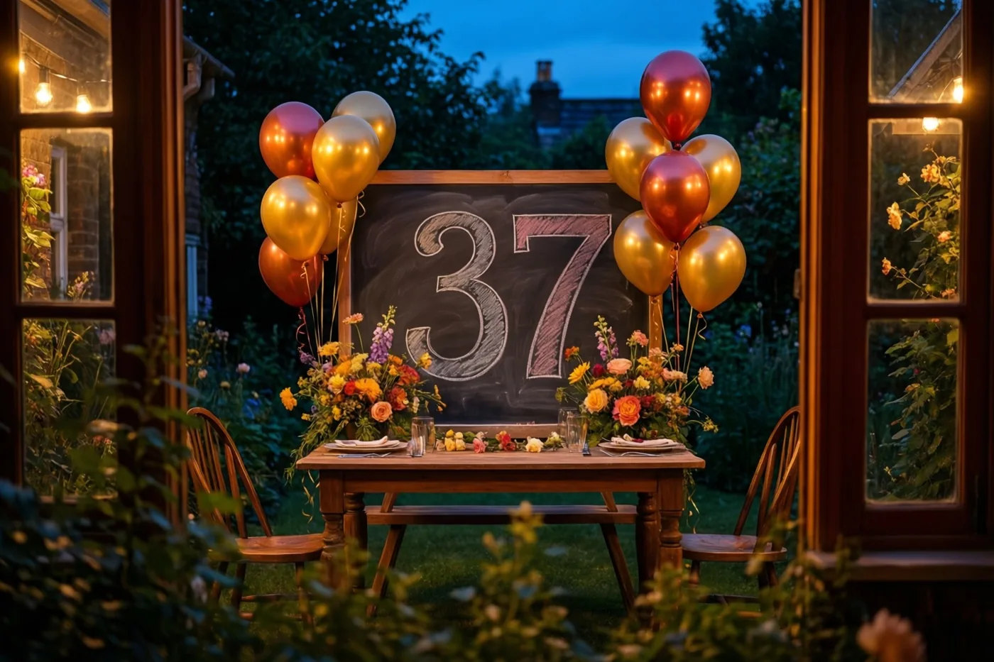 Door een open deuropening zie je bij schemering een gedekte tuintafel met een krijtbord met 37, bloemen en ballonnen in warm licht.