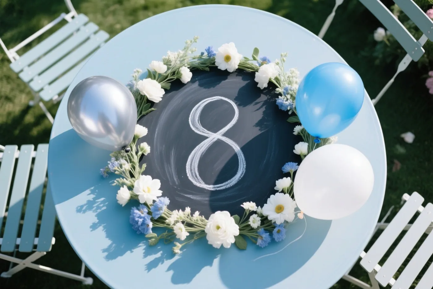 Een krijtbord met een handgeschreven 8 staat op een lichtblauwe tuintafel bij een bloemenkrans en drie ballonnen, met gras en witte stoelen in de zonnige achtergrond.