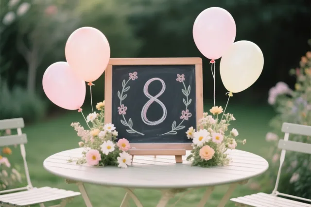 Een krijtbord met een handgeschreven 8 en bloemversieringen staat op een witte tuintafel tussen roze en crèmekleurige ballonnen.