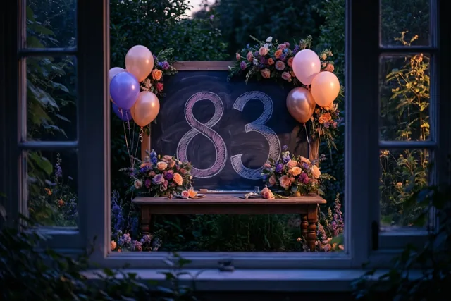 Door een raamkozijn is een houten tuintafel te zien met een krijtbord met 83, bloemstukken en ballonnen in de schemering.