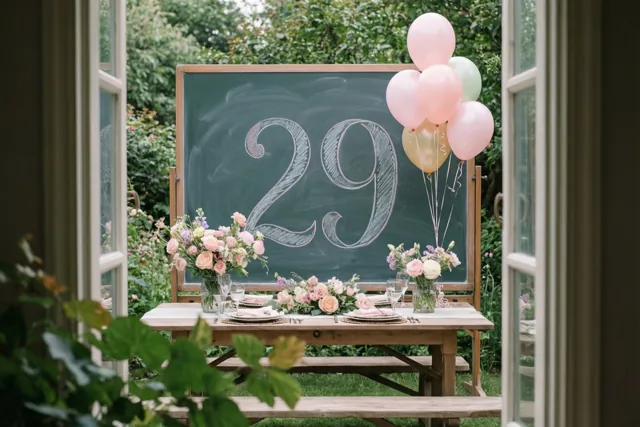 Door een open raam is een gedekte tuintafel te zien met een krijtbord waarop 29 staat, pastelkleurige ballonnen en bloemstukken.