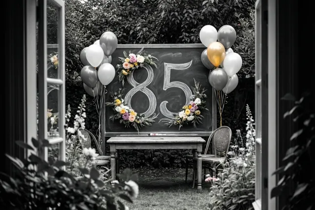 Een krijtbord met 85 in groot wit krijt staat in een tuin tussen bloemstukken en ballonnen, omlijst door open ramen.