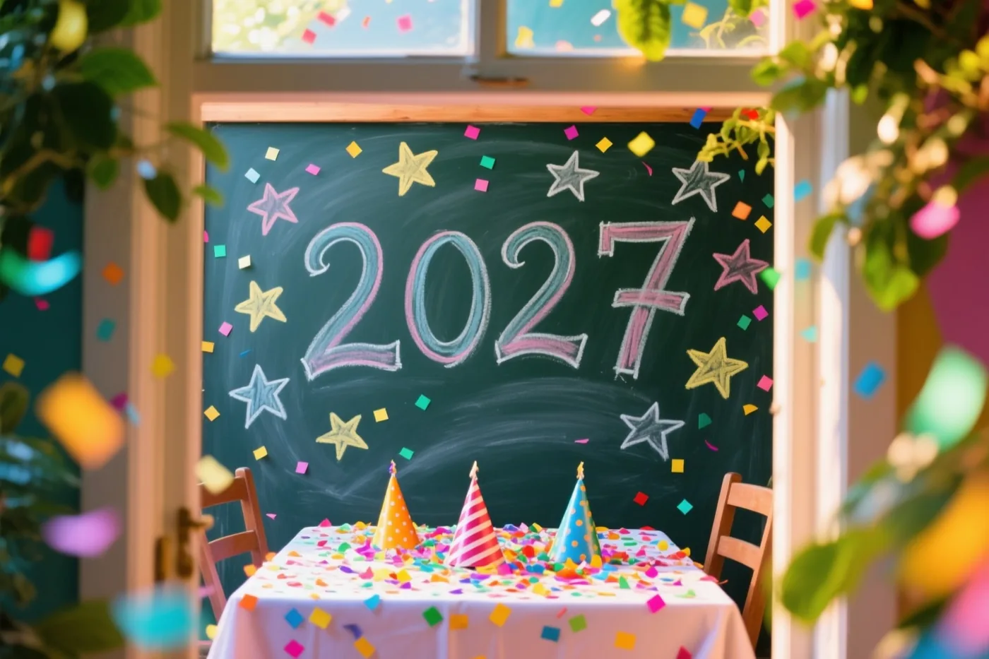 Door een raamkozijn is een krijtbord met handgeschreven 2027 en sterren te zien, met vallende confetti en een versierde tafel in een lichte kamer.