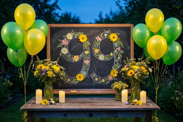 Een krijtbord met 99 en bloemen staat op een houten tuintafel tussen groene en gele ballonnen en brandende kaarsen, met bomen onder een blauwe avondhemel.