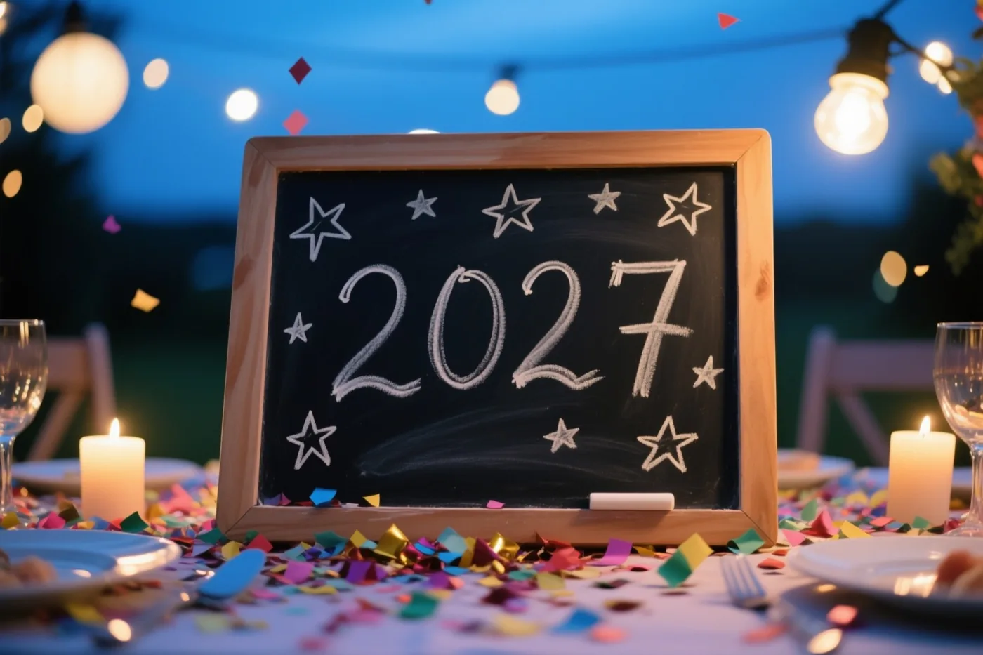 Een krijtbord in een houten kader toont 2027 in wit krijt tussen sterren op een tafel met kleurrijke confetti, verlicht door kaarsen en lichtslingers onder een schemerhemel.