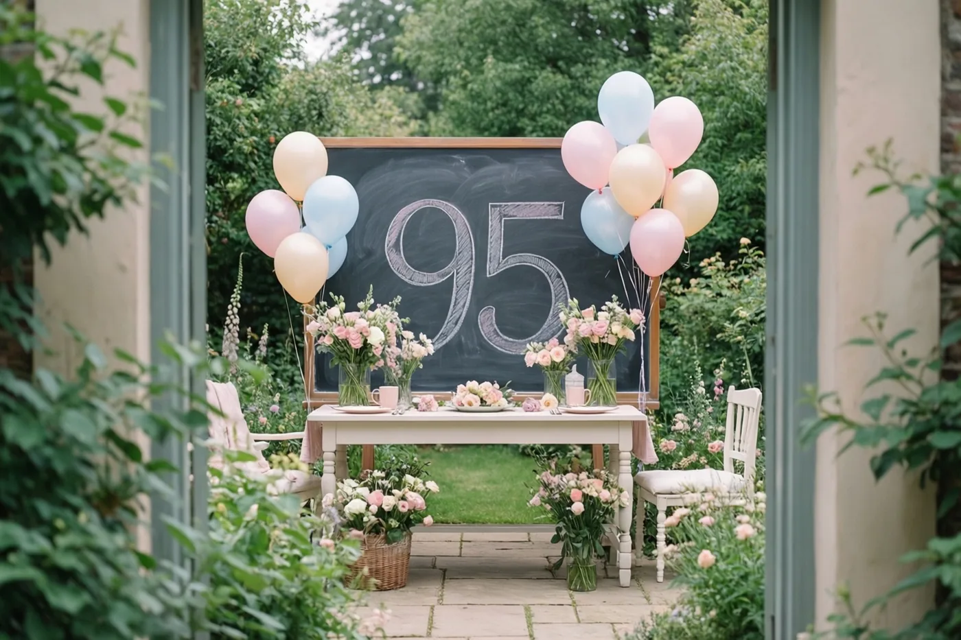 Door een open deuropening met groen eromheen zijn een krijtbord met 95 en een tuintafel met bloemen en ballonnen te zien.