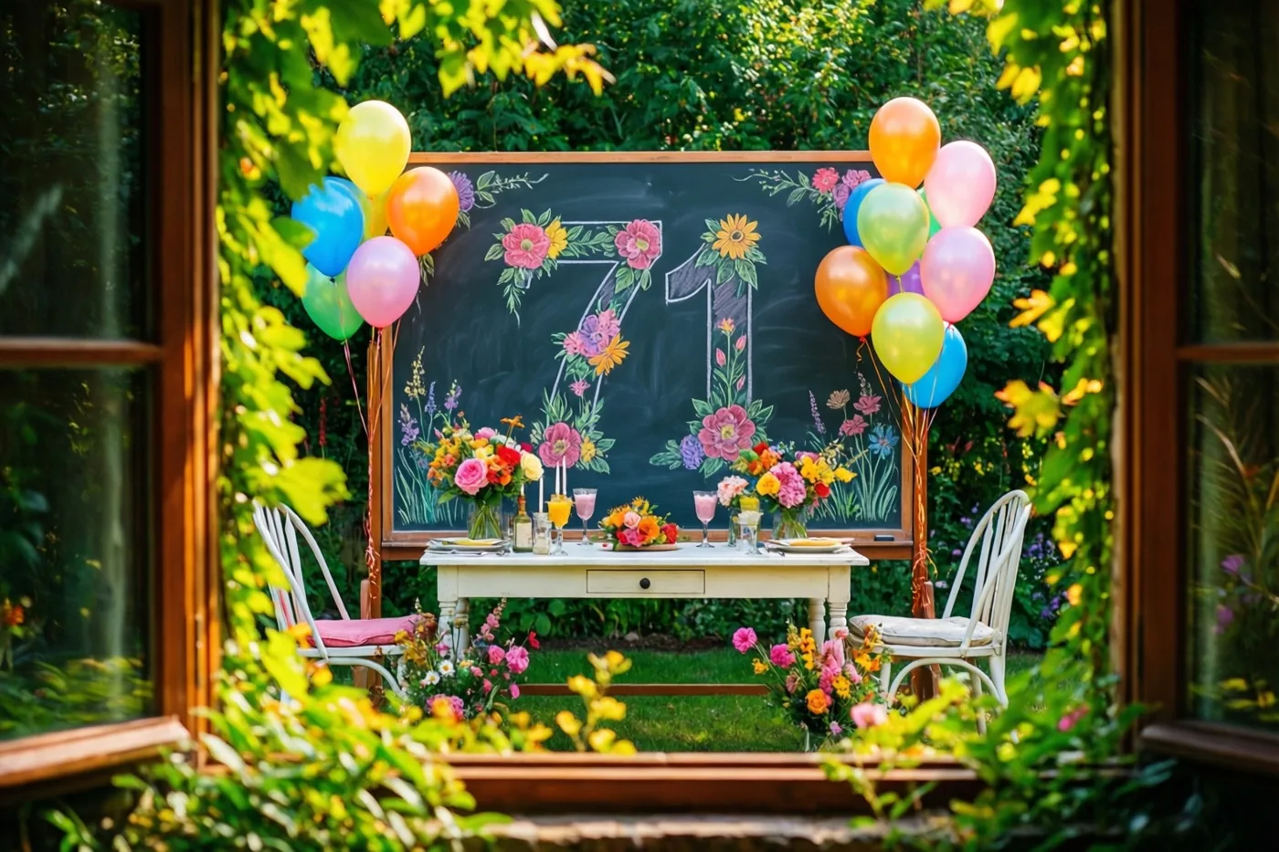 Door een raam is een tuintafel te zien met een krijtbord met 71, bloemen en ballonnen, met groen op de voorgrond.
