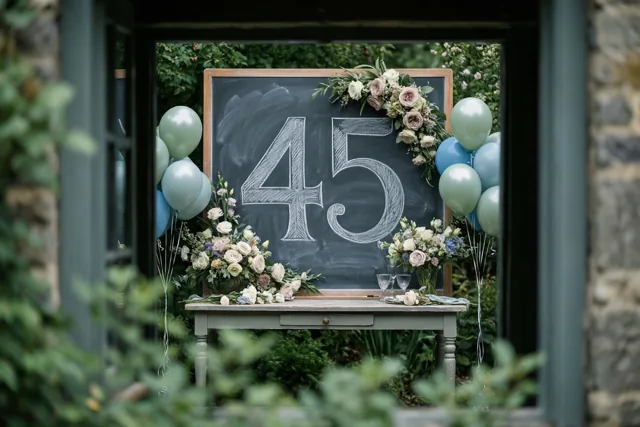 Door een raam is een tuintafel te zien met een sierlijk beschreven krijtbord met 45, bloemstukken en lichtblauwgroene ballonnen.