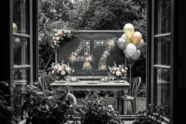 Een ingelijste foto toont door een raamkozijn een tuintafel met een krijtbord waarop 47 en bloemmotieven staan, omringd door bloemen en ballonnen.