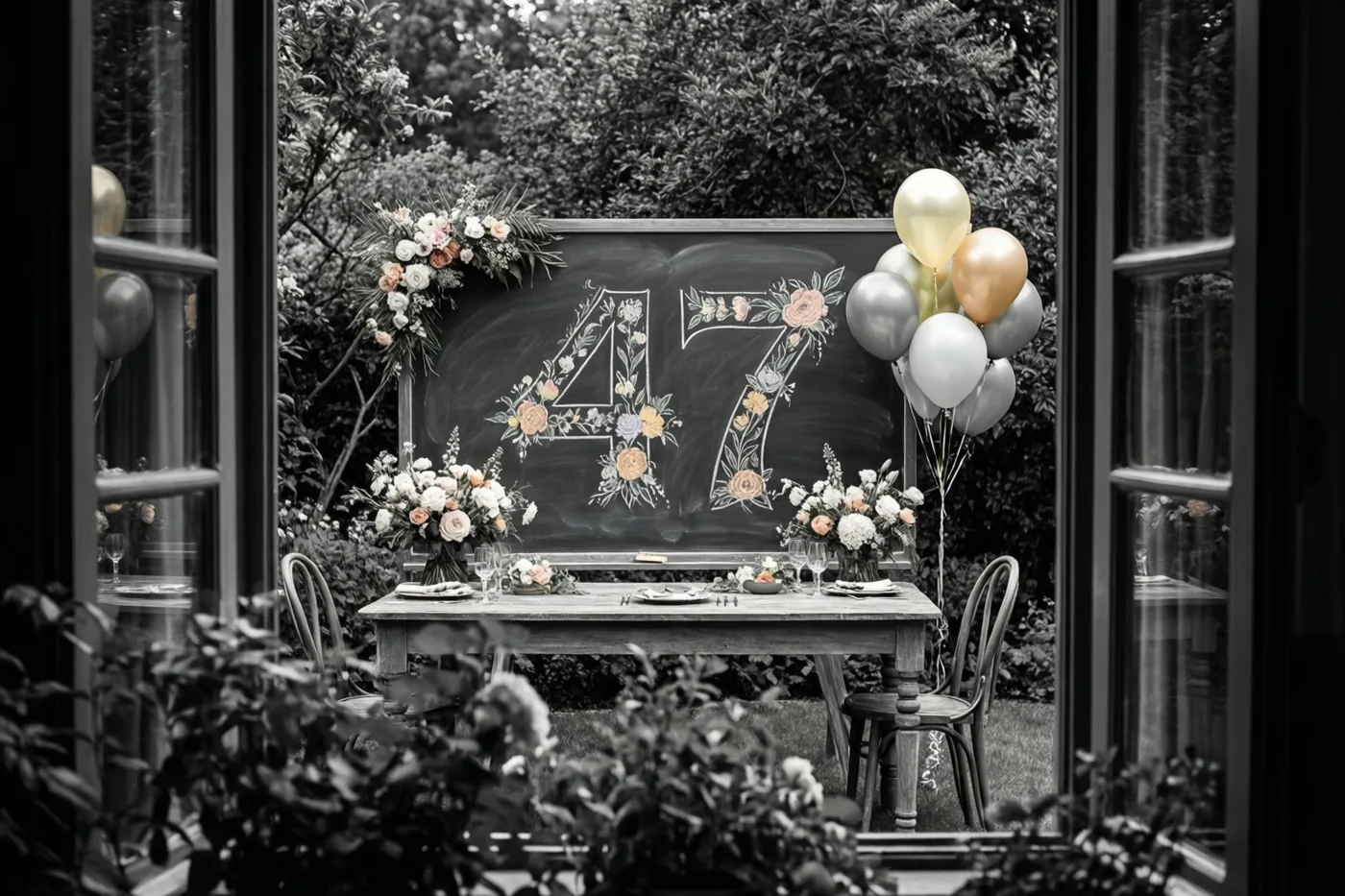 Een ingelijste foto toont door een raamkozijn een tuintafel met een krijtbord waarop 47 en bloemmotieven staan, omringd door bloemen en ballonnen.