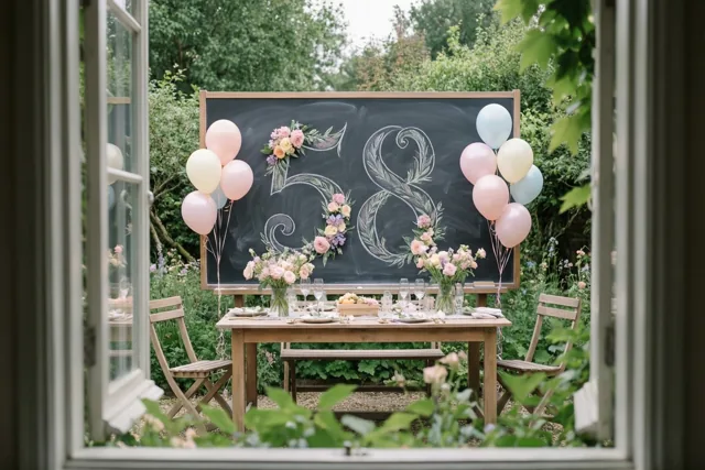 Door een open raam is een gedekte tuintafel te zien met een krijtbord waarop 58 staat, versierd met bloemen en ballonnen tussen het groen.