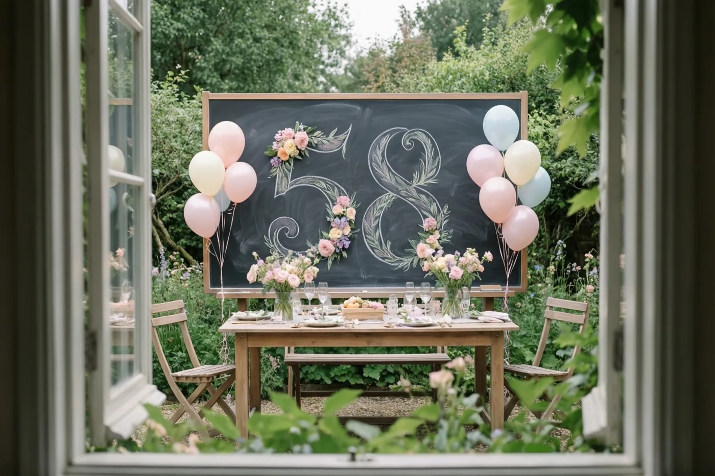 Door een open raam is een gedekte tuintafel te zien met een krijtbord waarop 58 staat, versierd met bloemen en ballonnen tussen het groen.