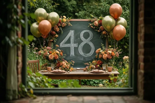 Door een raamkozijn is een tuintafel te zien met een krijtbord waarop 48 in wit krijt staat, bloemstukken en ballonnen, met groen op de achtergrond.