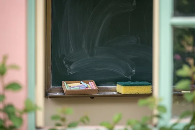 Door een raam is een krijtbord met lichte krijtvegen te zien, met gekleurde krijtjes en een geelgroene spons op de richel, tussen wazig groen en pastelroze en mintgroene muren.