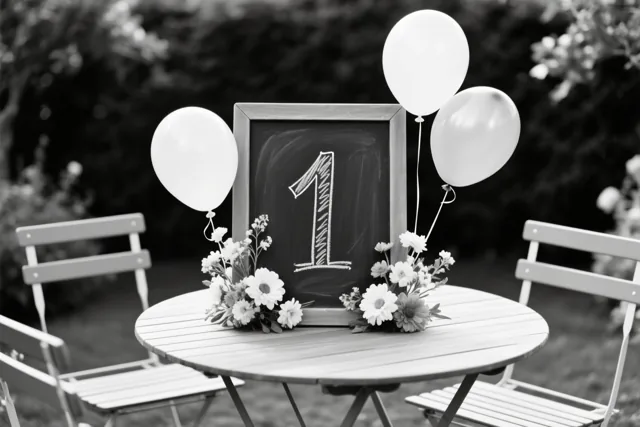 Op deze zwart-witfoto staat een krijtbord met het cijfer 1 op een houten tuintafel, omringd door bloemstukjes, drie witte ballonnen en stoelen.