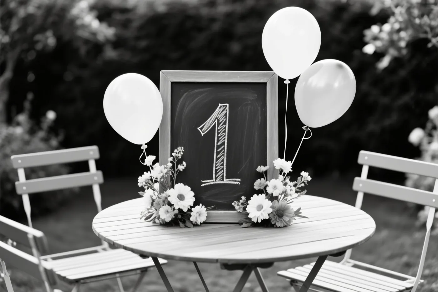 Op deze zwart-witfoto staat een krijtbord met het cijfer 1 op een houten tuintafel, omringd door bloemstukjes, drie witte ballonnen en stoelen.