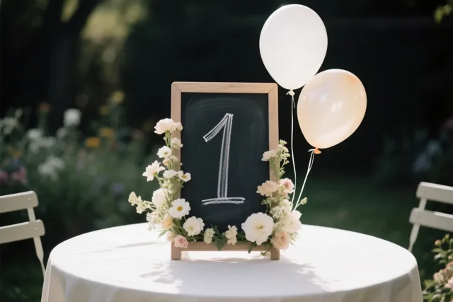 Een krijtbord met het cijfer 1 staat op een tuintafel met een wit tafelkleed, tussen verse bloemen en twee ballonnen.
