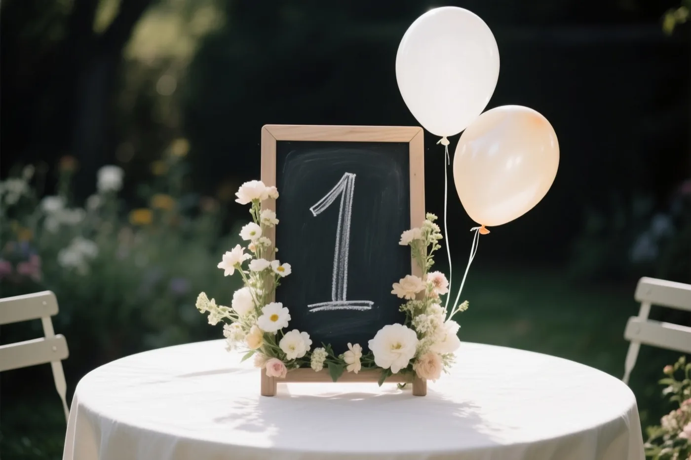 Een krijtbord met het cijfer 1 staat op een tuintafel met een wit tafelkleed, tussen verse bloemen en twee ballonnen.