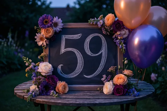 Een krijtbord met 59 in wit krijt staat op een houten tuintafel tussen kleurrijke bloemen en ballonnen in de schemering.