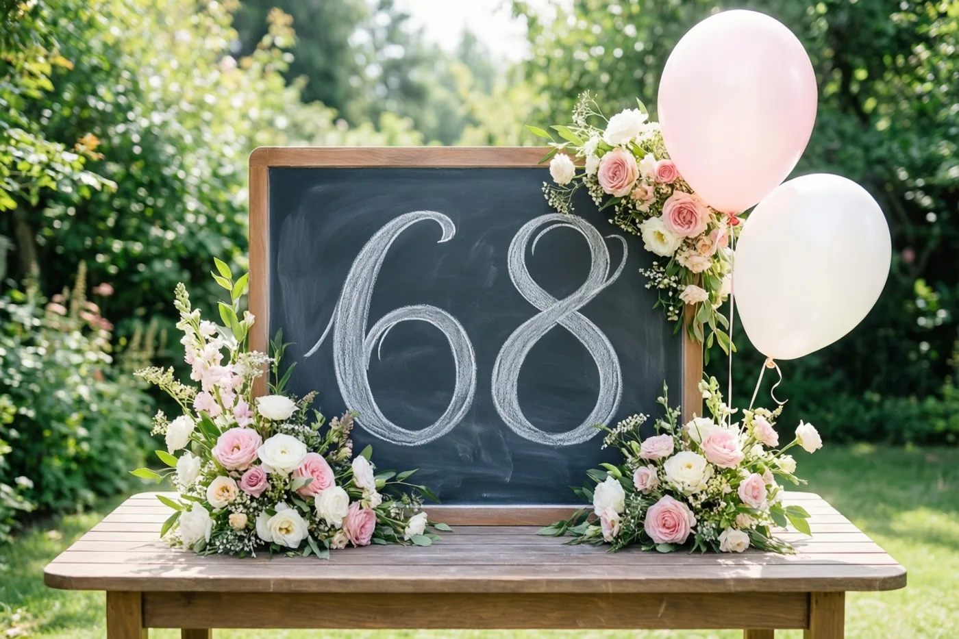 Een krijtbord met 68 in wit krijt staat op een houten tuintafel tussen bloemstukken en twee ballonnen in een zonnige tuin met groen op de achtergrond.