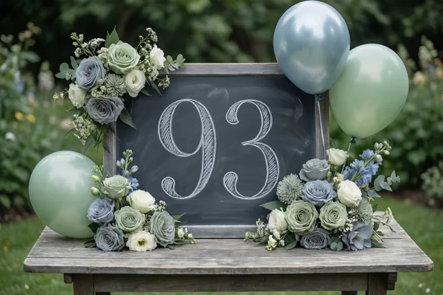 Een krijtbord met 93 in sierlijk wit krijt staat tussen bloemstukken en ballonnen op een houten tuintafel in gedempte groene, blauwe en witte tinten.
