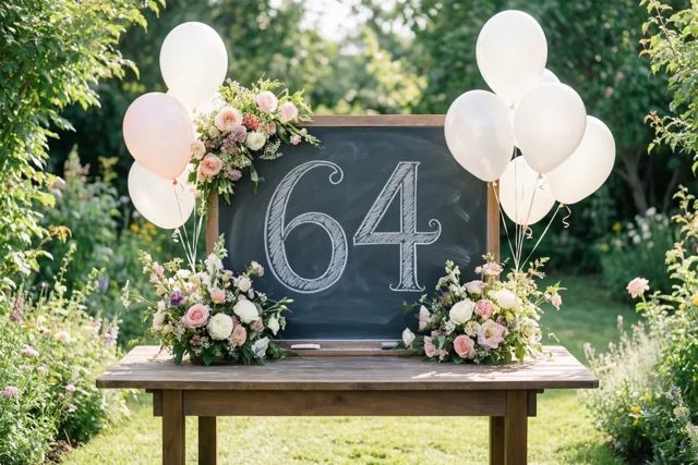 Een krijtbord met het sierlijk geschreven getal 64 staat tussen bloemstukken en ballonnen op een houten tafel in een zonnige, groene tuin.