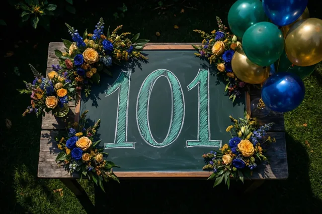 Op een houten tuintafel in het zonnige gras staat een krijtbord met 101 in blauwgroen krijt, tussen bloemstukken en ballonnen.