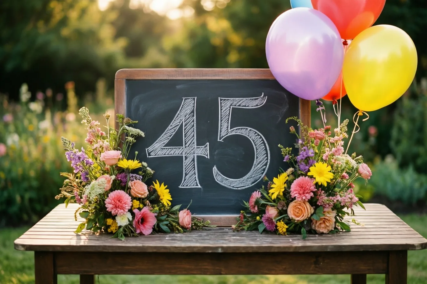 Op een houten tuintafel staat een krijtbord met 45 in wit krijt, geflankeerd door kleurrijke bloemstukken en ballonnen in een zonnige tuin.