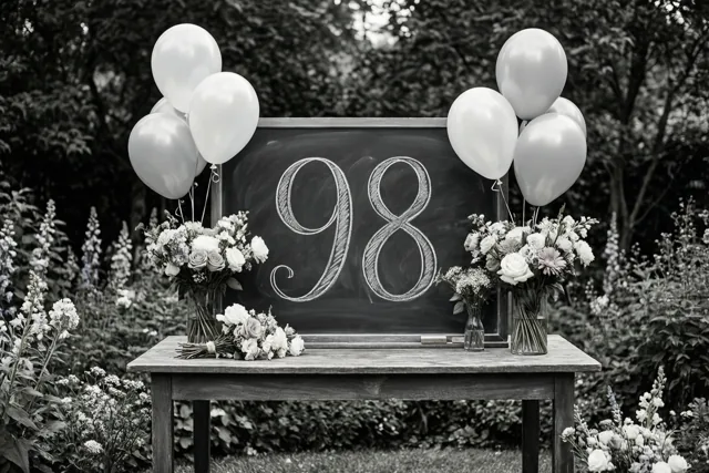 Een zwart-witfoto toont een krijtbord met 98 in wit krijt op een houten tuintafel tussen bloemen en ballonnen, met gebladerte op de achtergrond.
